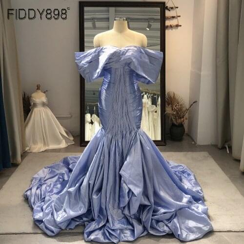 Off Shoulder Mermaid Evening Gowns 2021Pleated Taffeta Formal Gowns For Women Long Party Wear With Sweep Train