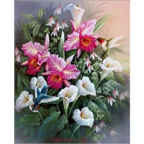 Counted Cross Stitch Kits Needlework Embroidery - 14 ct Aida DMC Color DIY Arts Handmade Home Decor - Hummingbirds with Lilies