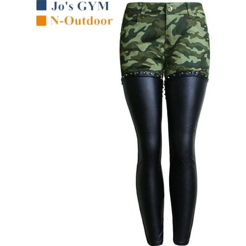 Outdoor Camouflage Pants Women Elastic Force PU Leather Stitching Rivet Trousers Hiking Camping Low Waist Slim Fit Comfortable