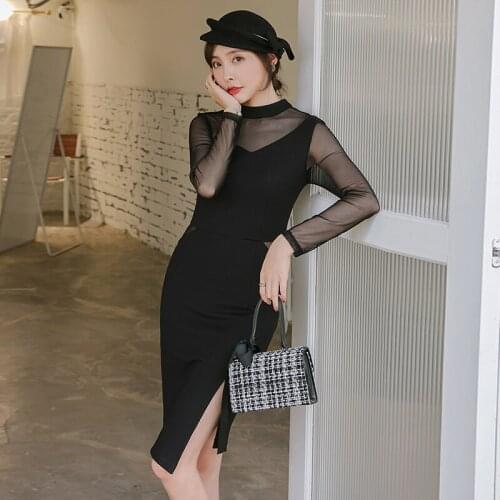YIGELILA Autumn New Arrivals Black Dress Solid Long Sleeves O-neck Sexy Dress Sheath Empire Knee-Length Dress 65270