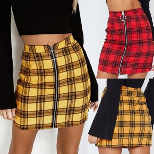 Skirt Womens Girls Sexy Party Plaid Zipper Slim High Waist Short Mini Skirt Red Yellow Color 2021 New #YJ2