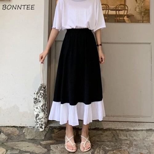 Skirts Women Mesh Patchwork Casual Mid-Calf Elastic Waist All-match Black Summer Oversized College Lady Bottom Loose Daily Chic