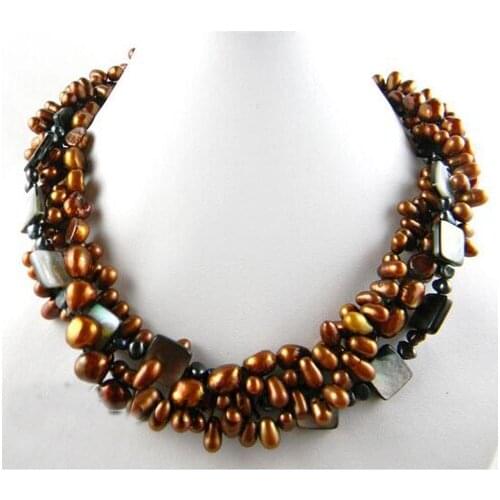 New Arriver,Handmade Pearl Jewellery,4 Strands 19inches 7-9mm Coffee Baroque Freshwater Pearl Necklace Black Shell Jewelry