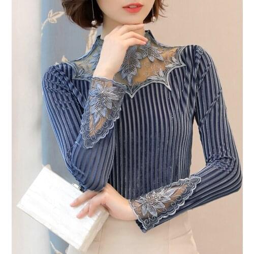 Winter Fall Fashion Women Lace Stand Collor 3xl Long Sleeve Velour Tee Shirt , Autumn Woman Elegant Fleece Thick Tops T Shirts