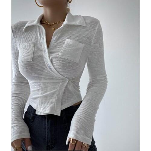 WOMENGAGA Long Sleeve POLO Collar Shirt Womens New Tight Short Slim Top Autumn Irregular Blouse Sexy Hot Korean Tops 2021 7ZUY