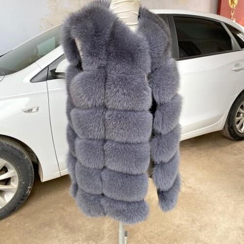 Womens Winter Real Fur Coat High Quality Natural Fox Fur Vest Fashion Luxurious Warm Sleeveless 80cm Length jacket 2021 New