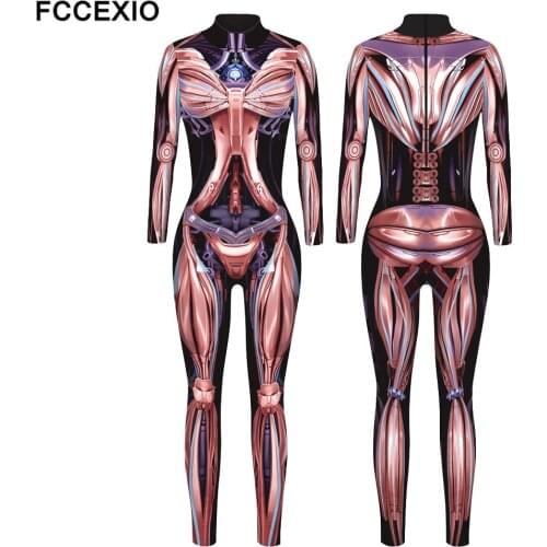 FCCEXIO 5 Colors Women Cosplay Costumes Halloween Party Jumpsuits Punk Skeleton Muscle Printed Bodysuits Elastic Fitness Outfit