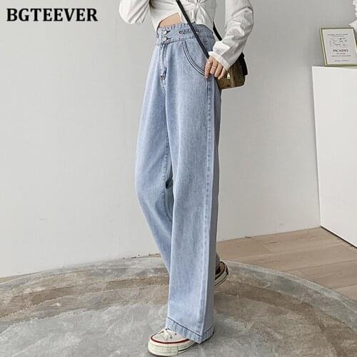 BGTEEVER Casual Double Button Ladies Straight Denim Pants 2021 Summer Solid Trousers High Waist Loose Female Floor-Length Jeans
