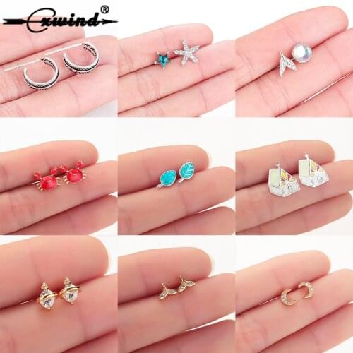 Cxwind Cute Crab Leaf Cake Earrings For Women Zircon Princess Crown Moon Tail Star Baby Kids Stud Earrings Party Gift brincos