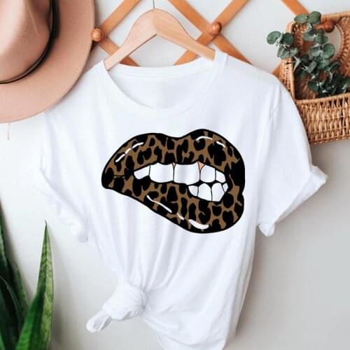 Women Funny Fashion 90s Lip Leopard Casual Summer Short Sleeve Tshirts Clothes Stylish T Top Lady Print Girl Tee T-Shirt