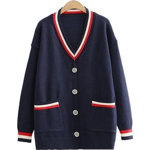 Striped Colorblock Chic Knit Women Long Cardigan 2021 Winter Warm Patchwork Preppy Style Girly Sweety Soft Jumpers Pocket Tops
