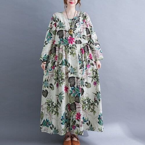 2021 New Arrival Long Maxi Loose Autumn Dress Cotton Linen Print Floral Vintage Dress Plus Size Women Casual Spring Dress