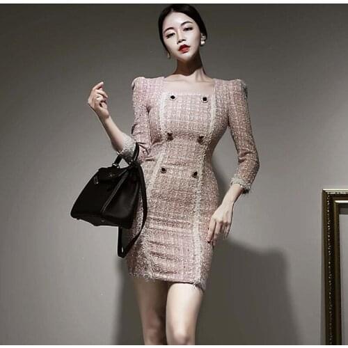 New arrival fashion women elegant mini dress temperament ladies square neck double-breasted patchwork pink slim pencil dress