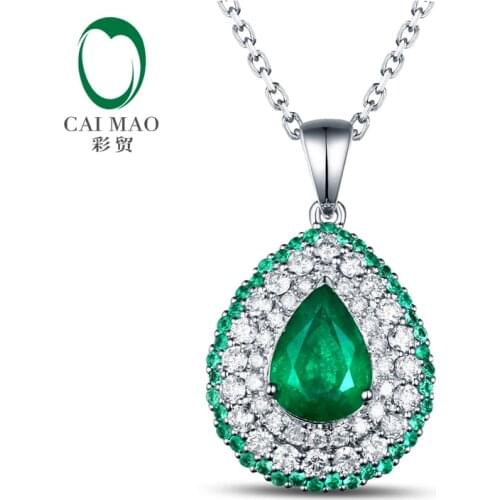 18K/Au750 Pear Shape 1.63ctw Natural Emearld & Diamonds Engagement Pendant Caimao Jewelry