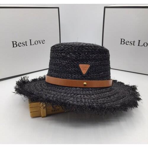 Large black summer lafite grass eaves and womens and mens sun hat belt triangle mark travel beach Hepburn agitation