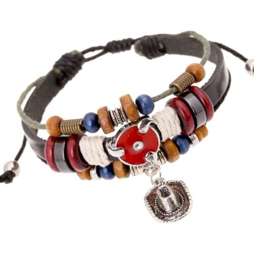 Fashion Vintage Retro Cowboy Hat Charm Bracelet Multilayer Beads Wax Cord Leather Bangle Wrap Wristbands Punk Rock Jewelry Gift