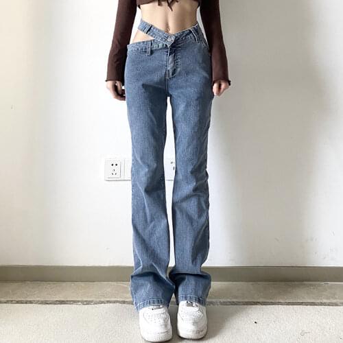 Blue Side Hollow Chain Patchwork Womens Jeans Straight High Waist Zipper Pocket Female Pant Streetwear Casual Solid Lady Bottom