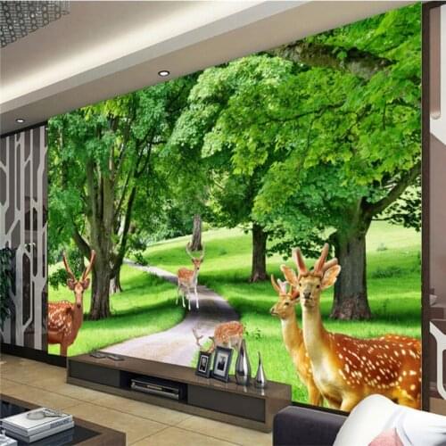 Beibehang Custom wallpaper murals photo HD green fantasy woods sika deer flowers landscapes aquatic TV background wall