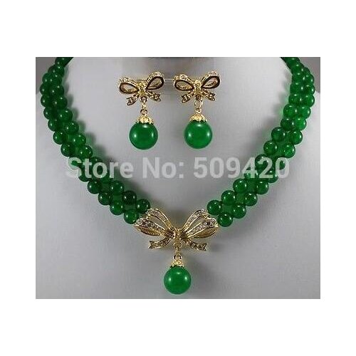 Hot sell ->2Strands new Yellow Gold 8mm Green jade new Round Necklace Earring set