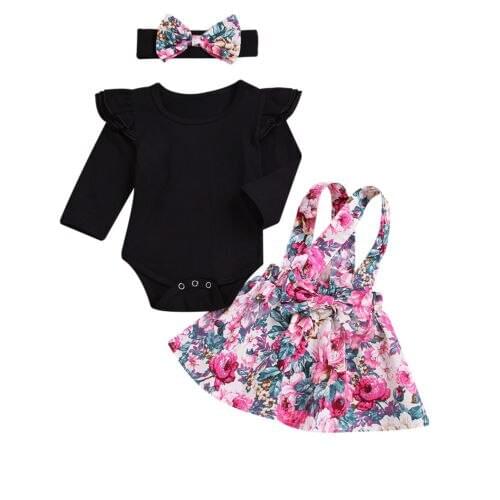 Newborn Infant Baby Girls Fly Sleeve Romper Playsuit+Flower Skirts Headband 3pcs Outfits Size 0-12M