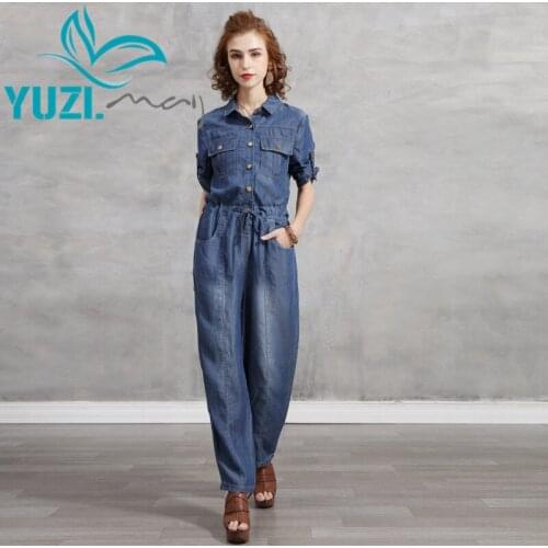 Jumpsuit Women 2021 Yuzi.may Boho New Denim Woman Bodysuit Turn-down Collar Single Breated Half Sleeve Cargo Jumpsuits A82283
