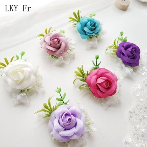 LKY Fr Wedding Corsage Bracelet Silk Roses Wrist Flower Cuff Bracelets Bridesmaid Man Boutonniere Buttonhole Wedding Corsage Pin