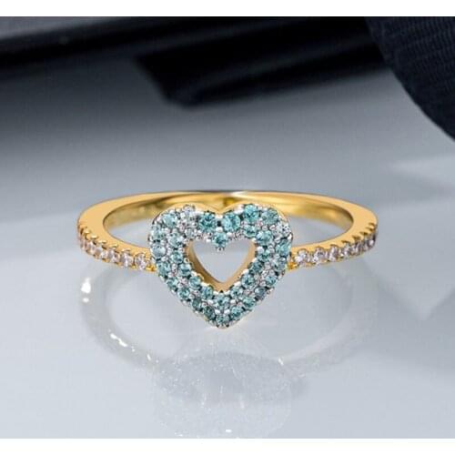 Fashion Blue Crystal Heart Shape Ring Gold Plated Copper Finger Circle Women Girl Jewelry Trendy 2021