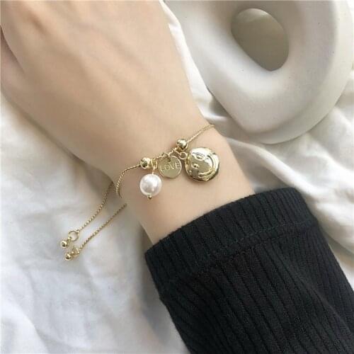 Vogallery Fashion Gold Silver Color Bracelet Charm For Women Imitation Pearl Smile Face Bracelets For Girls Ins Elegant Jewelry