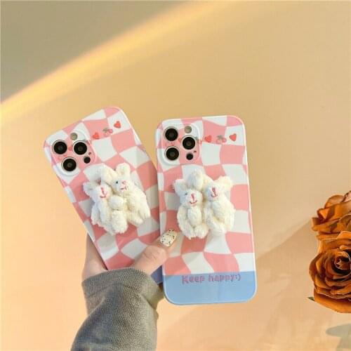 Japan Korean PINK Lattice Plush Rabbit Bracket Soft Case For IPhone 12 7 8 Plus 11 Pro Max XR X XS Max Lovely Protection Cover