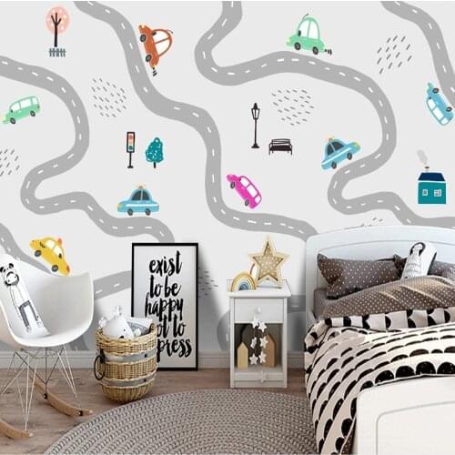 Custom Mural Wallpaper Nordic Hand Painted 3D Cartoon Road Car Childrens Room Mural Background Wall Papel De Parede Infantil 3D