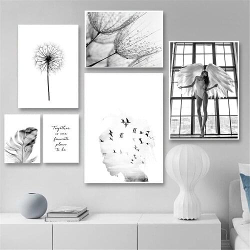 Dandelion Feather Wall Art Poster Girl Head Bird Art Print Women Wing Dance Canvas Painting Nordic Quotes Pictures Home Decor
