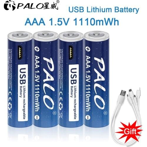 PALO 1.5V AAA Li-ion Battery 1110mWh Li-polymer USB Rechargeable Lithium USB Battery AAA + USB Cable
