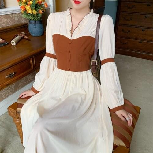 Frenc Vintage Dress Women Long Sleeve V-neck Chiffon One-piece Dress Korean Evening Party Fairy Elegant Dress Female 2020 Autumn