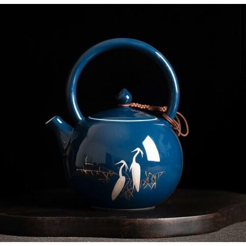 Retro style Color glaze Egret Blue Porcelain teapot 230ml Ceramic tea pot Traditional chinese tea set