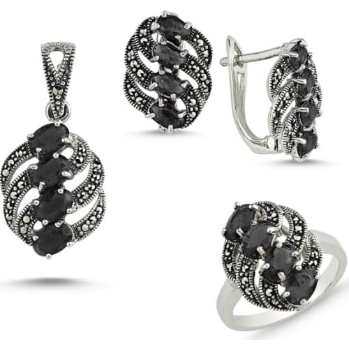 Silver 925 Sterling Marcasite Pendant Earring & Ring Set
