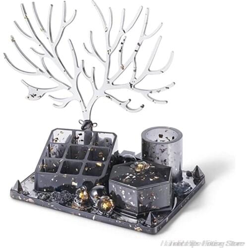 2021New Crystal Epoxy Resin Molds Deer Makeup Jewelry Display Tray Silicone Mould 9-slot Lipstick Organizer Pen Holder Mold