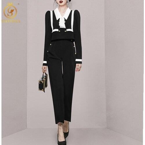SMTHMA 2021 New Fashion Autumn Womens Temperament Long-Sleeved Tops +High Waist Straight Style Elegant Two-Piece Pants Suit