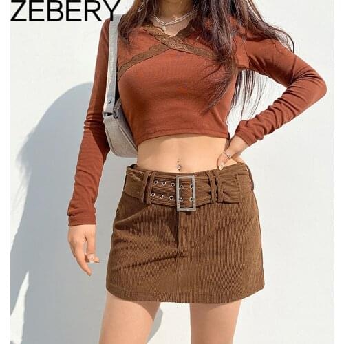 ZEBERY Indie Aesthetics Solid Low Rise Corduroy Skirts Y2K Vintage with Belt A-line Brown Skirts Fall 90s Fashion Short Bottoms