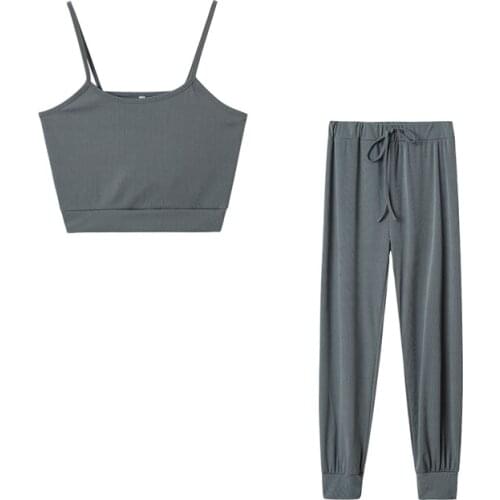 Spring Womens Tracksuit Female Sling Crop Top Sport Suit Fitness Clothing Causal Set Woman 2 Pieces Solid Sportswear