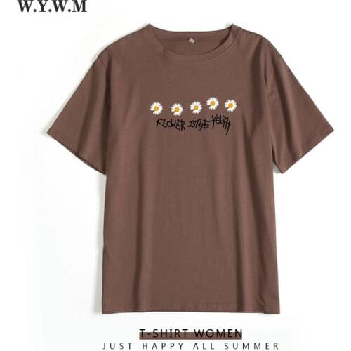 WYWM 2021 Summer Women Clothes Floral Printed T-shirt Woman Korean Fashion Daisy Graphic Tee Casual Short Sleeve Female Tops