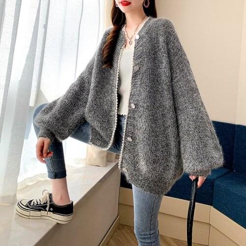 Beaded Fleece Knitted Women Sweater Cardigan Winter New 2021 Solid Lantern Sleeved Thicken Warm Sweet Style Female Outwear Tops