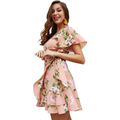 HUAN BEAUTY Women Sexy Dress Summer Floral Print V Neck Boho Short Sleeve Dress Vacation Bohemian Beach Party Dress HB-KC3113