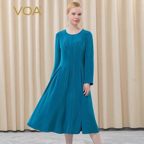 VOA Heavyweight Silk 30m/m Blue Blue Crew Neck Long Sleeve AE523 Yellow Thread Decorative Maxi Dresses for Women