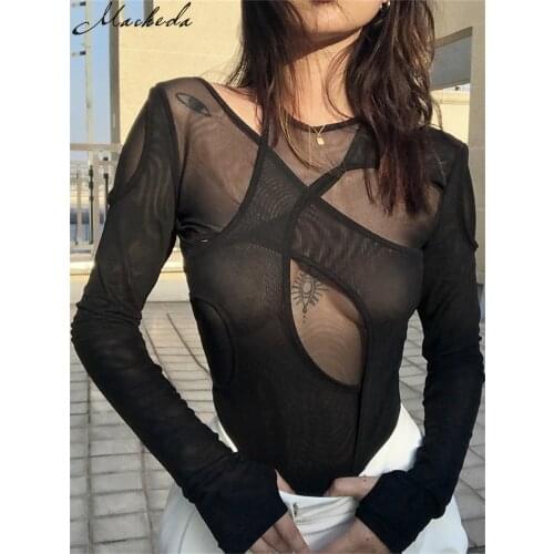 Macheda Solid Summer Sexy Mesh See Through Bodysuit Women O Neck Long Sleeve Fashion Hollow Out Street Casual Slim Body Suit