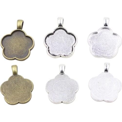ZHUBI 5pc/lot Cameo Necklace Pendant Base Charm Tray Bezel Blank Fit 24*24mm Flower Shape Glass Cabochon Diy Making Findings