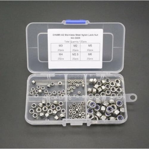 120pcs/box M2 M2.5 M3 M4 M5 M6 304 Stainless steel nylon Lock Nut Metric Assortment Kit