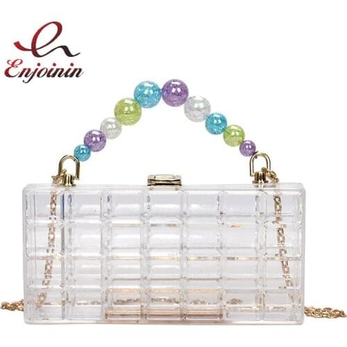 Beaded Transparent Acrylic Box Party Clutch for Women Fashion Female Purses and Handbags Plaid Designer Bag Chain Shoulder Bag