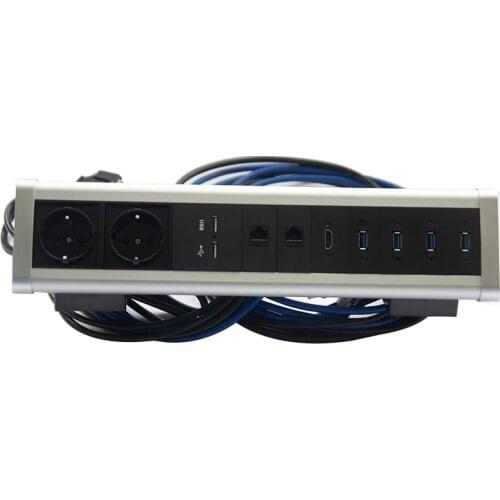 Aluminum Alloy Shell Side Clamp Fixed Desk Socket Office Socket with 2 EU Power outlets +2 USB Chargers+2 RJ45+HDMI+4 USB 3.0