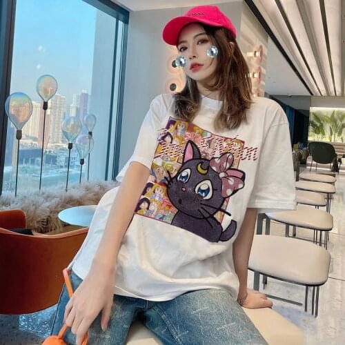 Kawaii T-shirts Anime Cat Cartoon Character Printed Casual Vintage Basic All Match Cotton New Summer Fashion Short Sleeve O-neck