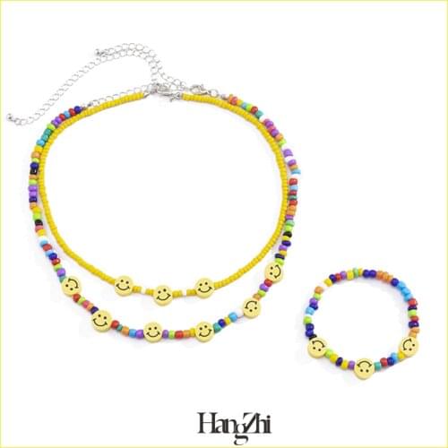 HangZhi 2021 New Cartoon Smile Colorful Seeds Resin Beads Collar Choker Necklace Bohemian Jewelry for Women Girls Fashion